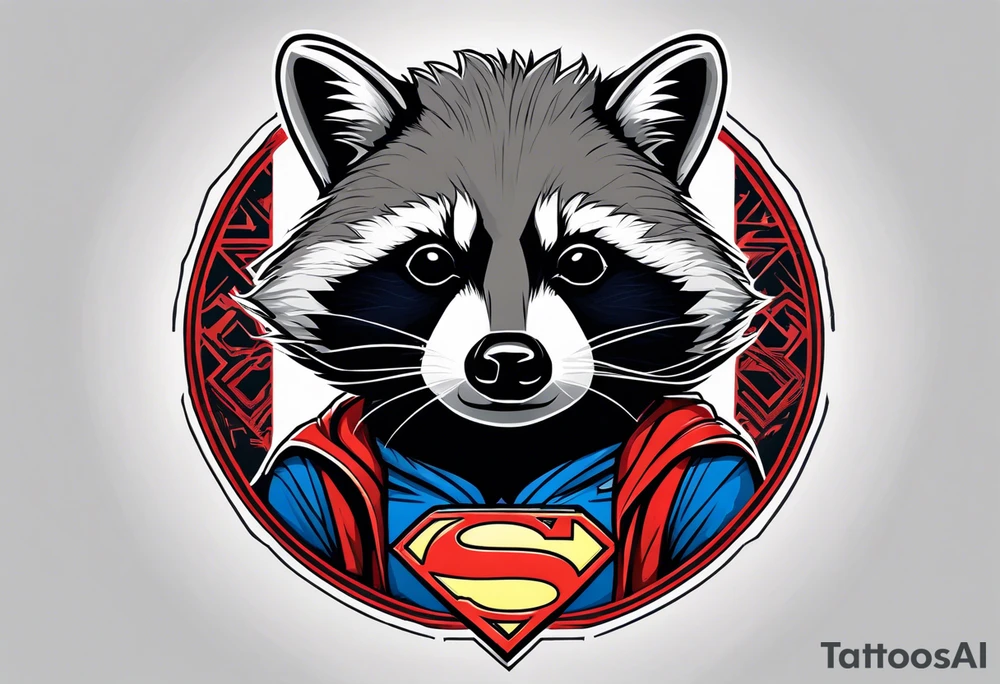raccoon wearing a Superman hoodie tattoo idea