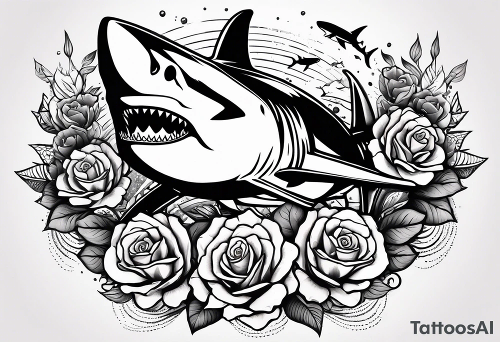 A fierce shark 
swimming upwards on a forearm, surrounded by vibrant roses, marigolds, and scattered shurikens. Include subtle shading and water elements for depth and movement. Flowers (roses, marigolds) should organically frame the shark and potentially wrap around its body. tattoo idea