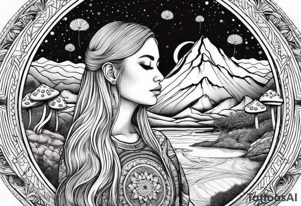 Straight blonde hair girl meditating facing away toward mountains surrounded by mushrooms crescent moon mandala circular design black and white striped dress tattoo idea