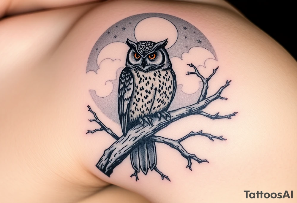 wise owl perched on ancient oak branch under starlit sky tattoo idea