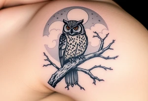 wise owl perched on ancient oak branch under starlit sky tattoo idea