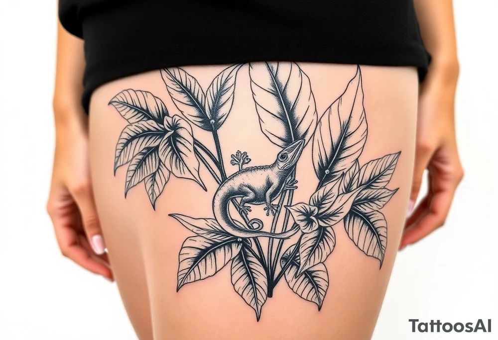 Tropical austrailian plants with hidden gecko tattoo idea