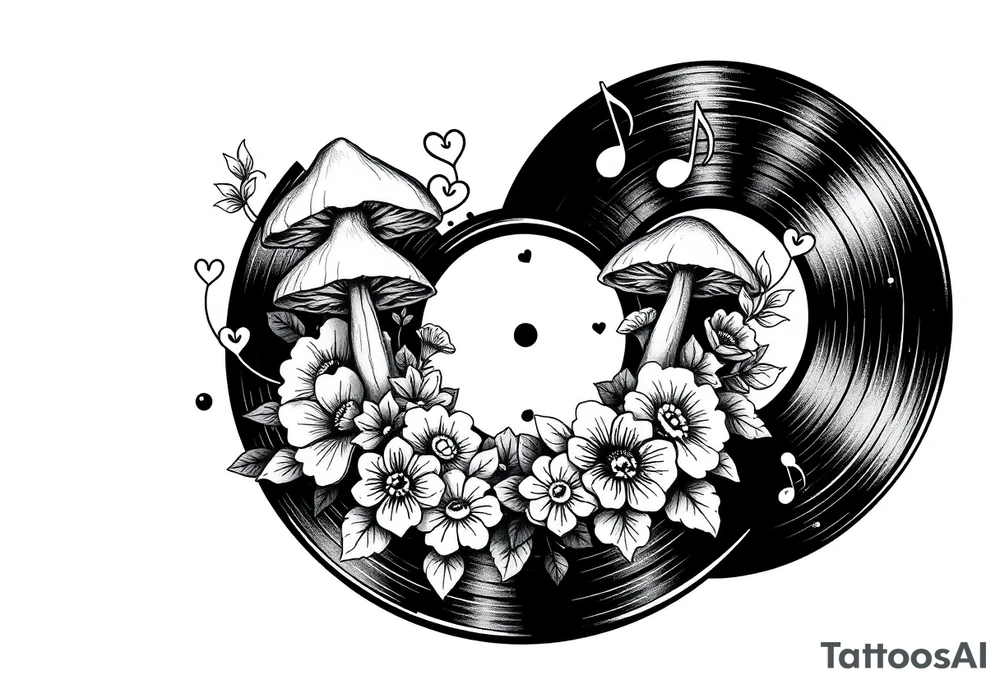 vinyl record with mushrooms, flowers, hearts, and music notes tattoo idea
