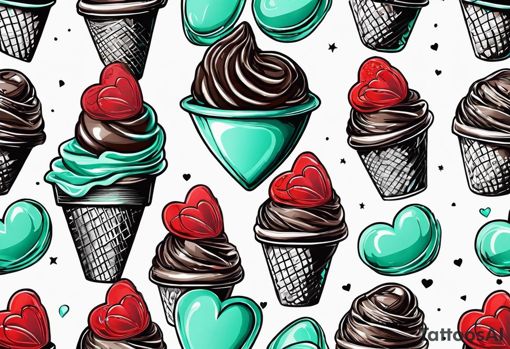 mint chocolate chip ice cream cone with small red heart on it somewhere. tattoo idea