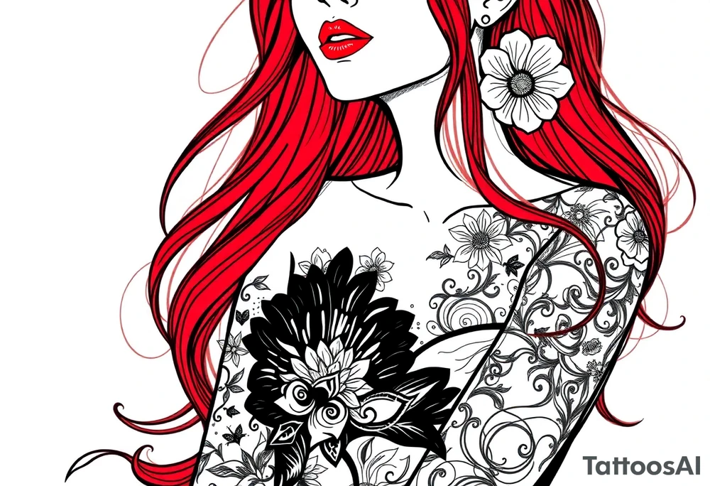 Woman with long red hair and red lipstick with lots of tattoos in her wedding dress tattoo idea
