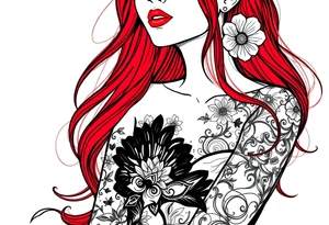 Woman with long red hair and red lipstick with lots of tattoos in her wedding dress tattoo idea