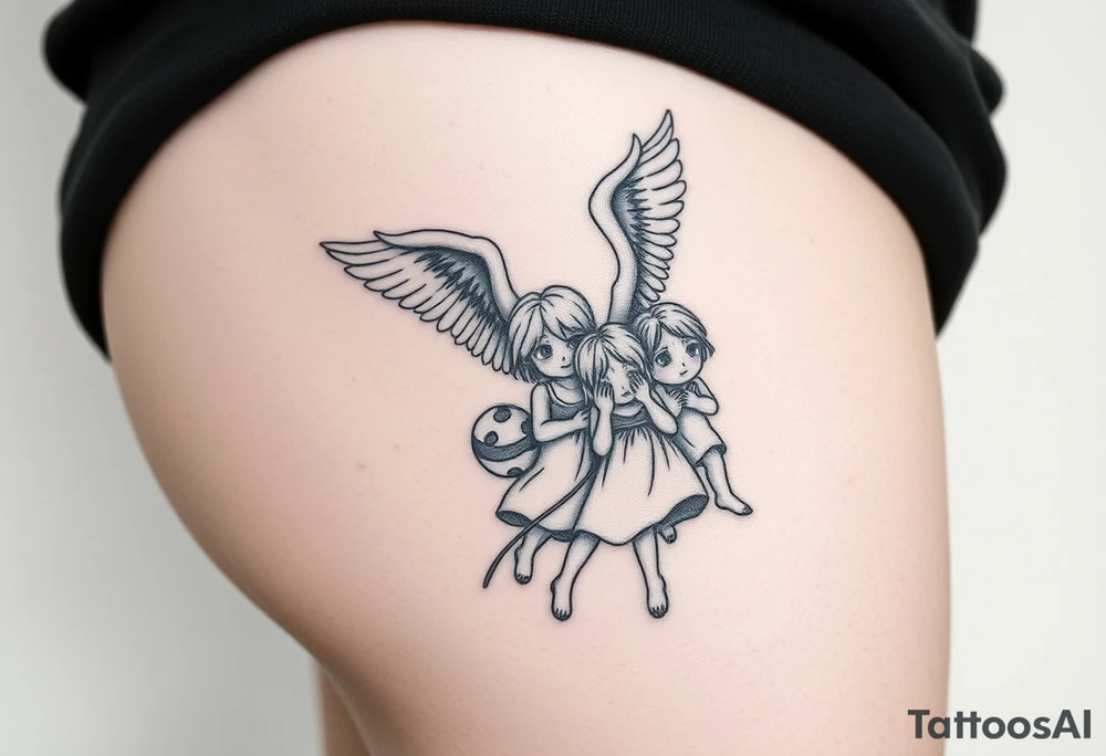 Tatoo down side to thigh, something with angels and kids tattoo idea