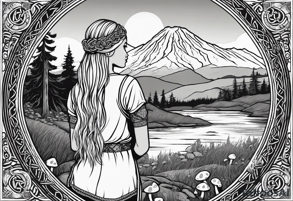 Whole picture encircled fully

Straight long blonde hair hippie girl in distance holding mushrooms in hand facing away toward mountains and creek surrounded by mushrooms long sleeve shirt and hiking pants; whole rendering within a full celtic circle border, no cut off circle tattoo idea