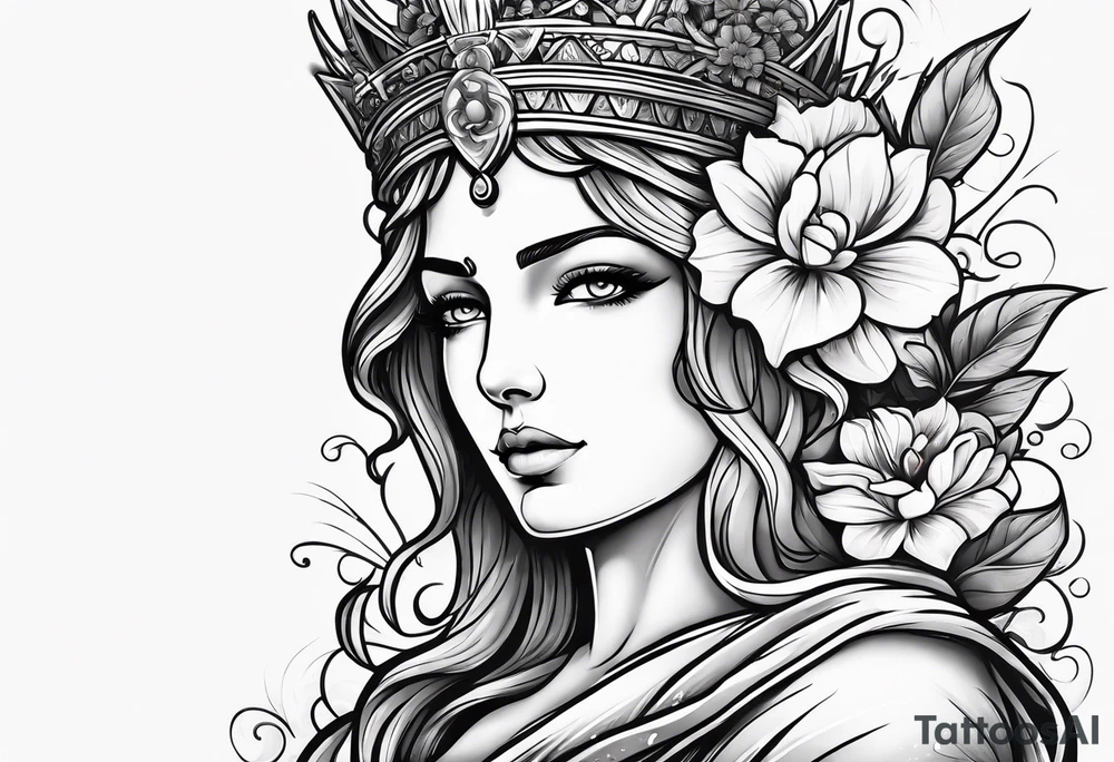 Goddess of justice with flowers tattoo idea