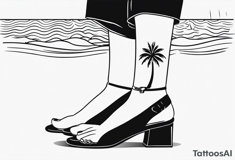 travel tattoo with mantra happiness on ankle elongated with the image of a sea selfie and palm trees tattoo idea