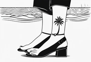 travel tattoo with mantra happiness on ankle elongated with the image of a sea ​​selfie and palm trees tattoo idea