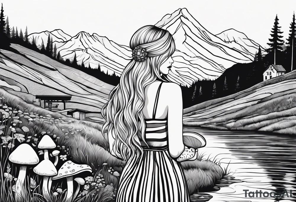 Straight long blonde hair girl in distance holding mushrooms in hand facing away toward mountains and creek surrounded by mushrooms black and white striped dress tattoo idea
