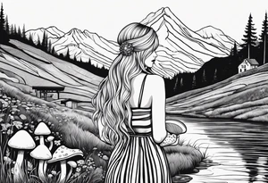 Straight long blonde hair girl in distance holding mushrooms in hand facing away toward mountains and creek surrounded by mushrooms black and white striped dress tattoo idea