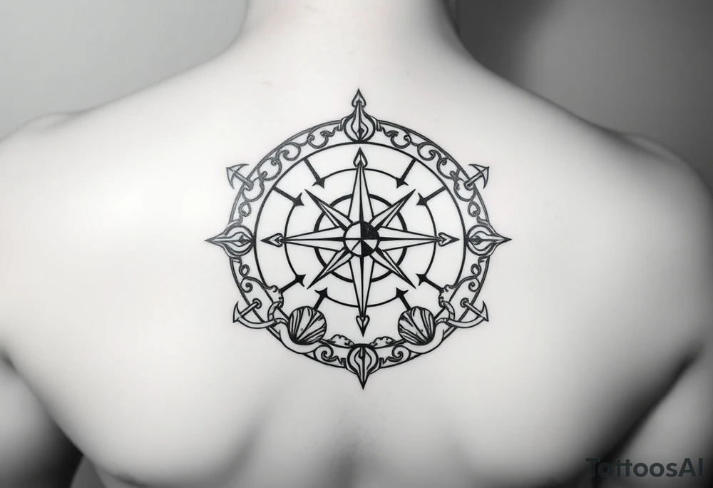 Tattoo sketch, black and white, clean line art. Central Vegvísir (Norse compass) symbol, surrounded by circular frame of stylized ocean waves, foam, shells and anchors. Balanced composition, fine line details, mythological marine theme. Minimalist but bold, stencil-style, designed for forearm tattoo. tattoo idea