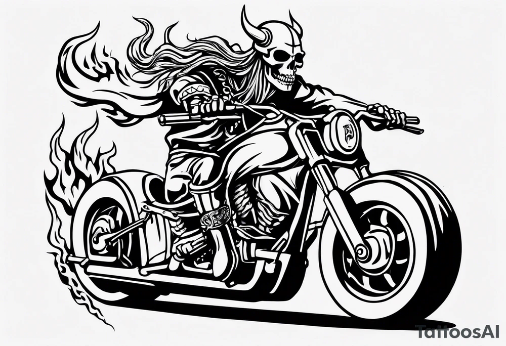 i want a tattoo of a viking skeleton riding a motorcycle with flames and I want the words “Viking Customs” incorporated into the design tattoo idea