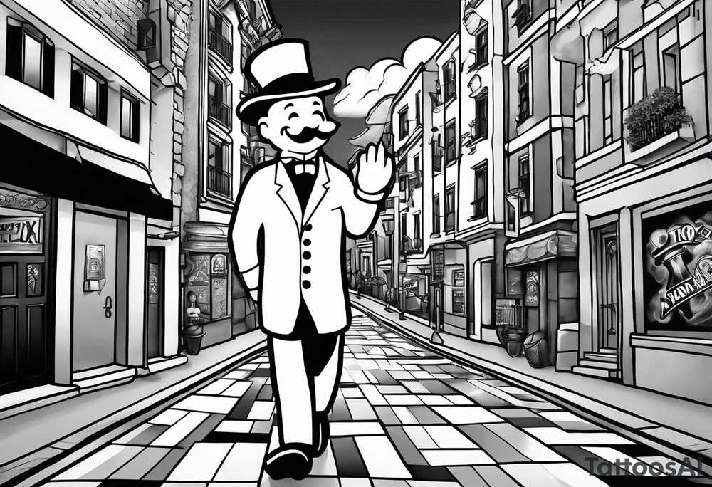 Monopoly man walking down a urban street with scattered xzanax bars and clouds with praying hands used for fillers tattoo idea