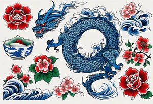 Japanese floral cherry blossom and irezumi back ground in blue porcelain China filler for a green traditional Chinese dragon and great waves and red rose and blue butterfly tattoo tattoo idea