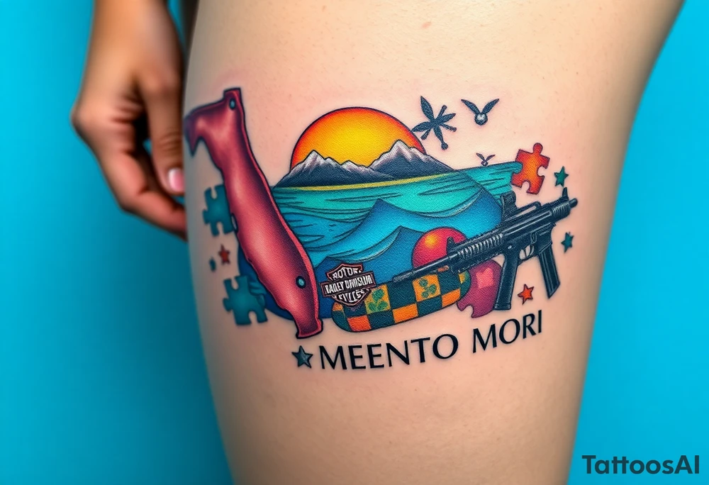 colorful futuristic memory tattoo for passed boyfriend; Florida, gulf coast water, Harley Davidson, skateboarding, puzzle pieces, video games, heaven, god, outdoors, guns, disc golf, words "MEMENTO MORI" tattoo idea