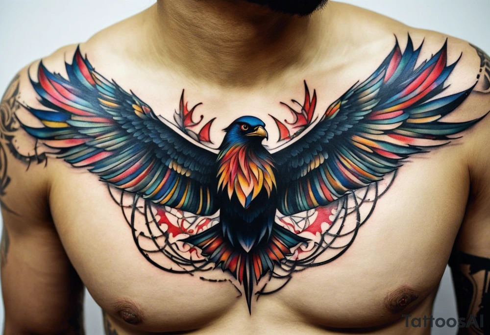 Wide tattoo that appears to be bursting out of the skin, symbolizing freedom. The tattoo should be vibrant and dynamic, with bold lines and colors that evoke a sense of liberation and empowerment. Consider incorporating elements such as broken chains, or other symbols of freedom. The tattoo should be visually striking and thought-provoking, inviting the viewer to reflect on the importance of personal freedom. tattoo idea