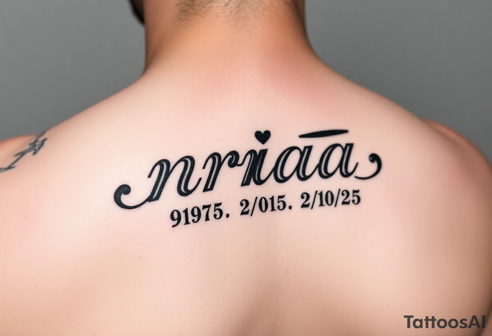 one tattoo with the name nriaa birthday 9/24/05 death date 2/10/25 black lining, less shade in including a halo on tattoo idea