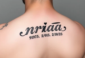 one tattoo with the name nriaa birthday 9/24/05 death date 2/10/25 black lining, less shade in including a halo on tattoo idea