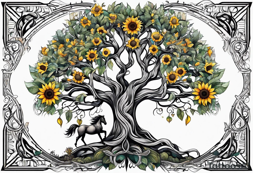 Yggdrasil tree, horse, sunflower tattoo idea