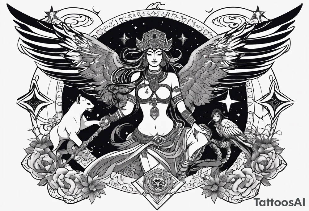 black kali, goddess pirate, alien, angel, pachamama, valkrye, warrior, flying, skull, lotus azul, wing, eagle, zenza resonance, stars, 5D, anahata chakra, death, durga, riding on a tiger, flying lady tattoo idea