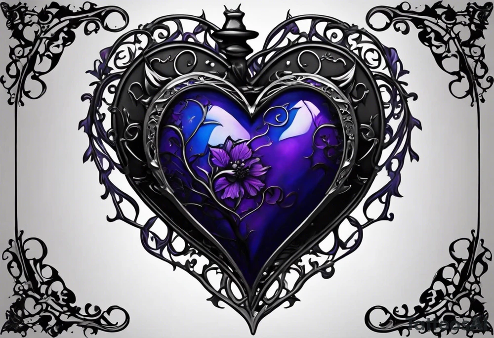 Central image: Anatomical blue heart with black filigree or thorns
Style: Gothic, with dark purples, blues, and blacks as the primary color scheme.
Elements:
 * Cherry blossoms with wispy petals winding around the heart or hourglass.
 * Black hourglass with silver or white sand above the heart.
 * Banner below the heart with the inscription "nankurunaisa" in a gothic script.
 * Brain and skull intertwined with gears or clockwork details.
 * Black butterfly with blue or purple accents near the cherry blossoms.
 * Dark swirling clouds with lightning bolts. tattoo idea