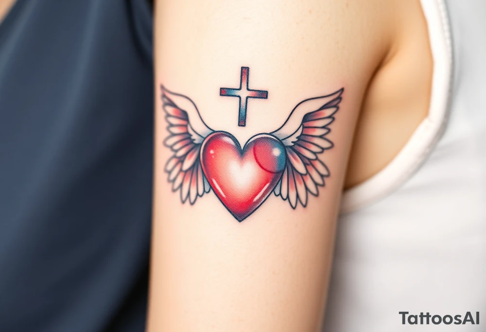 dainty catholic sacred heart with angel wings tattoo idea