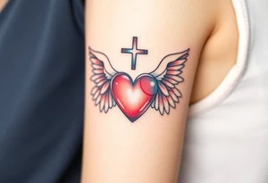 dainty catholic sacred heart with angel wings tattoo idea