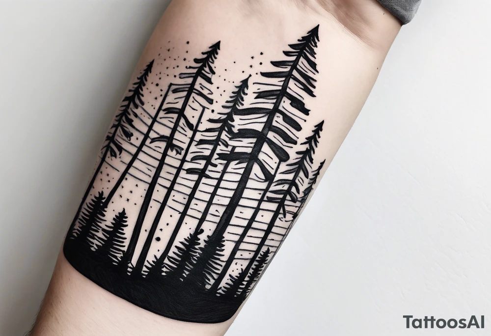 Pine trees with a bible verse about being yourself forearm sleeve tattoo idea