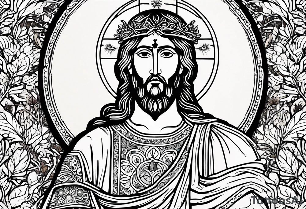 flat stern byzantine Christ with all-demanding eyes with a halo made of peacock feathers and pecan trees tattoo idea