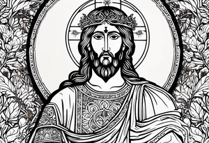 flat stern byzantine Christ with all-demanding eyes with a halo made of peacock feathers and pecan trees tattoo idea