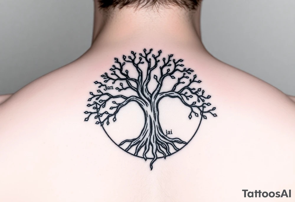 tree of life with circle. names Jai , Phoebe, Imogen, Matilda in the circle tattoo idea