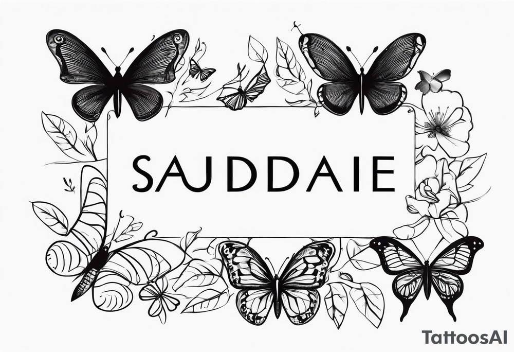 The word saudade turning into the number 8:18 with butterflies tattoo idea