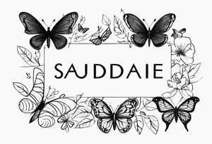 The word saudade turning into the number 8:18 with butterflies tattoo idea