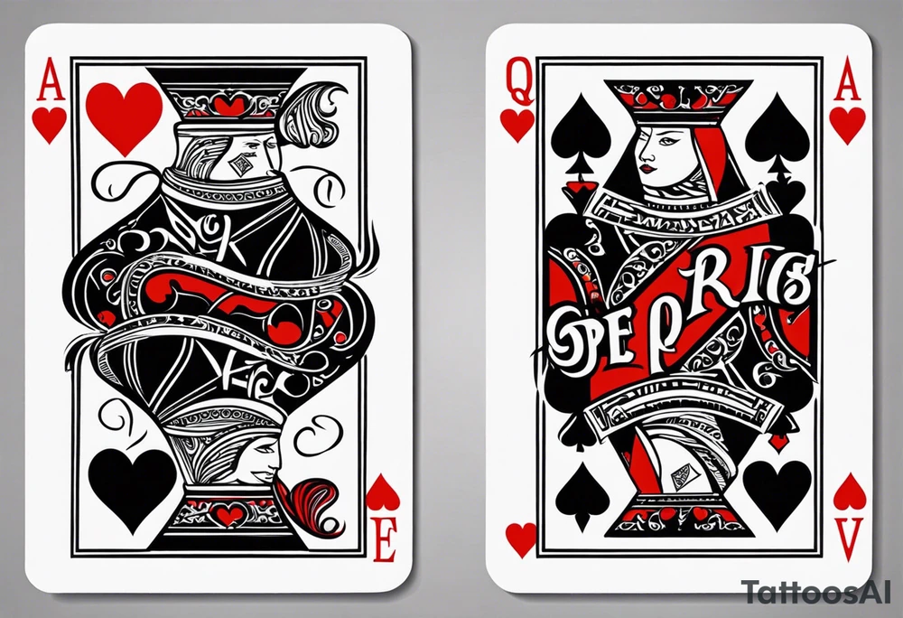 one playing card with both queen of hearts and king of spades incorporated in extreme minimalistic style tattoo idea