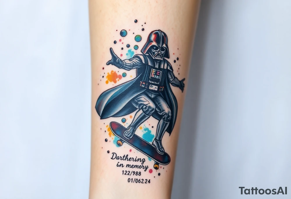 Darth Vader skateboarding > bullets > in loving memory > colors > god
add words "Darth Carter" on skateboard
add date 12/29/88-01/06/24 tattoo idea