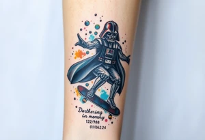 Darth Vader skateboarding > bullets > in loving memory > colors > god
add words "Darth Carter" on skateboard
add date 12/29/88-01/06/24 tattoo idea