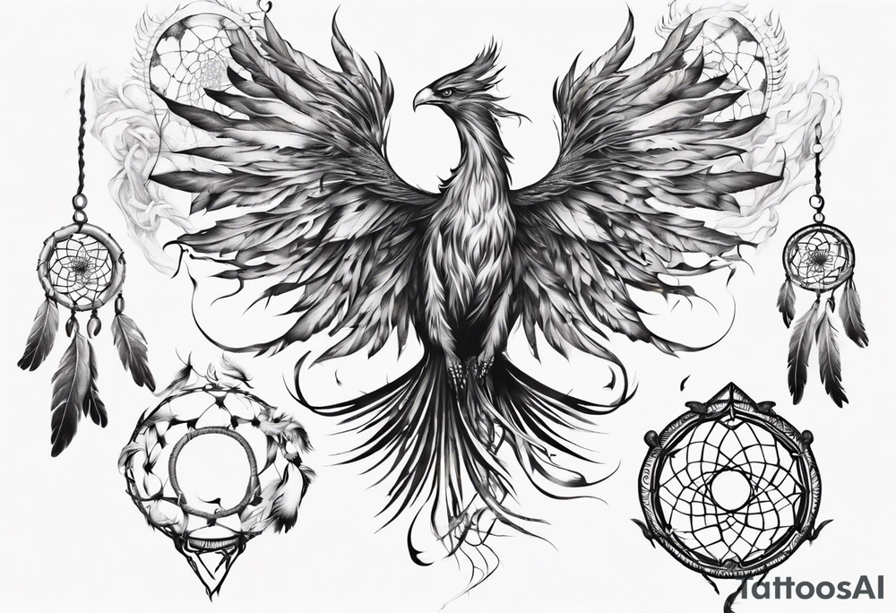 Fire Phoenix flying out of dream catcher tattoo idea
