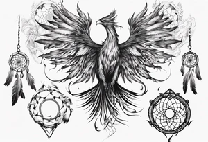 Fire Phoenix flying out of dream catcher tattoo idea