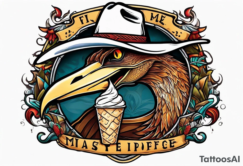 Pterodactyl wearing a cowboy hat eating ice cream sundae tattoo idea