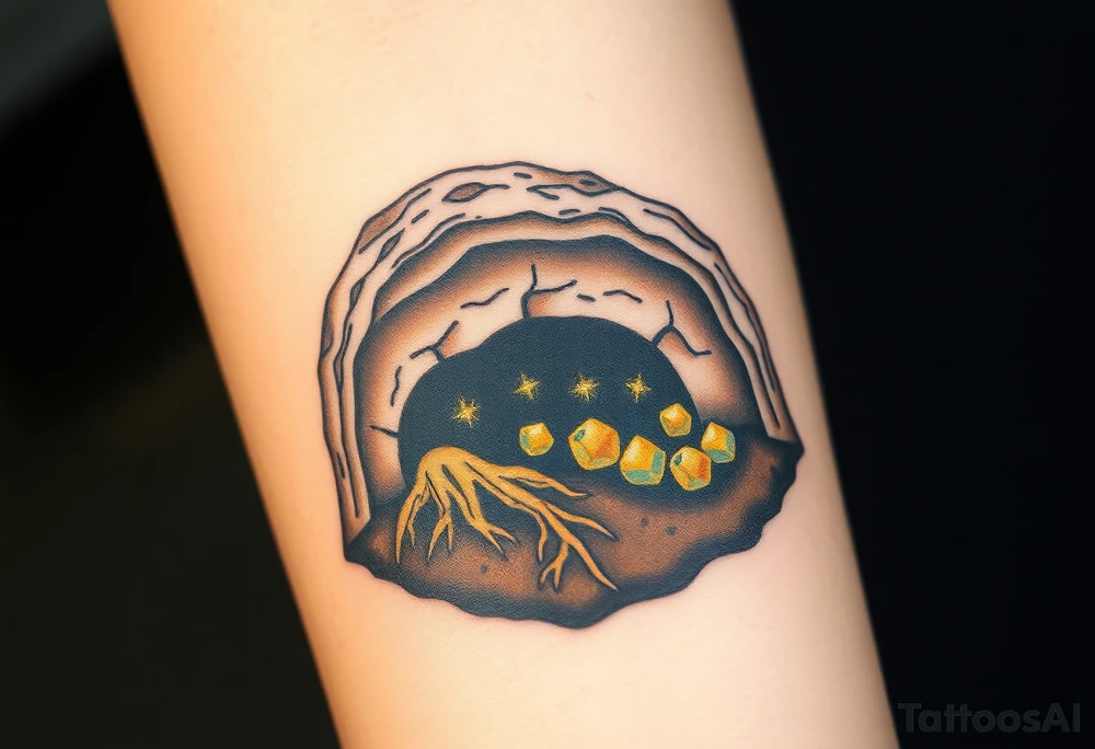 A mole tunneling underground, depicted in a cross-section with dark brown soil, golden roots, and hidden gems sparkling in the earth tattoo idea