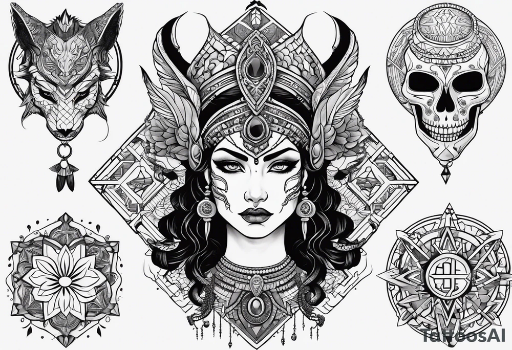 kali ma, alien goddess, valkrye, aries, pirate, divine feminine, zenza resonance, pachamama, lotus azul, blank panther, eagle, skull, 5D, nueva gaya, dna 12 tattoo idea