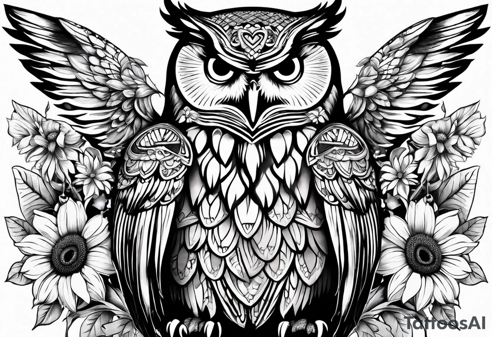 Owl with angel wings, sunflowers and butterflies sleeve tattoo idea