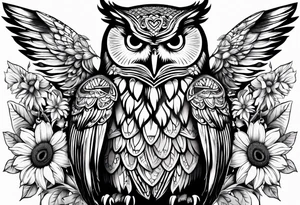 Owl with angel wings, sunflowers and butterflies sleeve tattoo idea