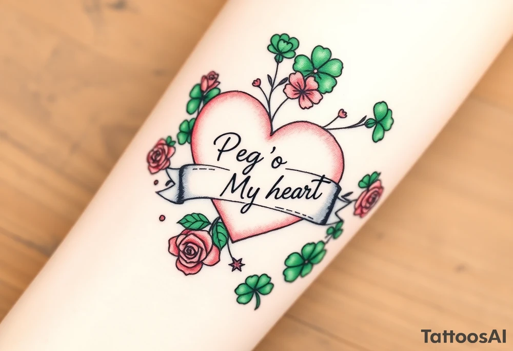 A ton of green shamrocks with red roses and a big pale pink heart with a banner across the heart that says Peg 'o My Heart tattoo idea
