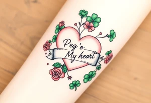 A ton of green shamrocks with red roses and a big pale pink heart with a banner across the heart that says Peg 'o My Heart tattoo idea