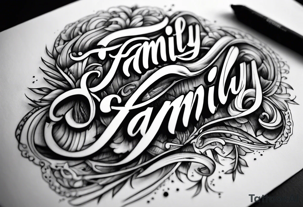 Text "family". Letterman formed by roots tattoo idea
