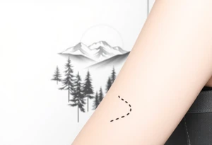 Winding path fading into misty forest, re-emerging toward distant mountains. Dark trees, bright peaks. Black and white, minimalist tattoo idea